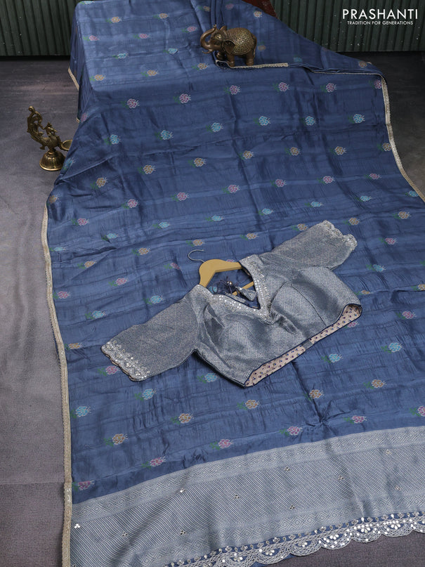 Banarasi silk saree grey with thread & zari woven floral buttas and gotapatti work pallu