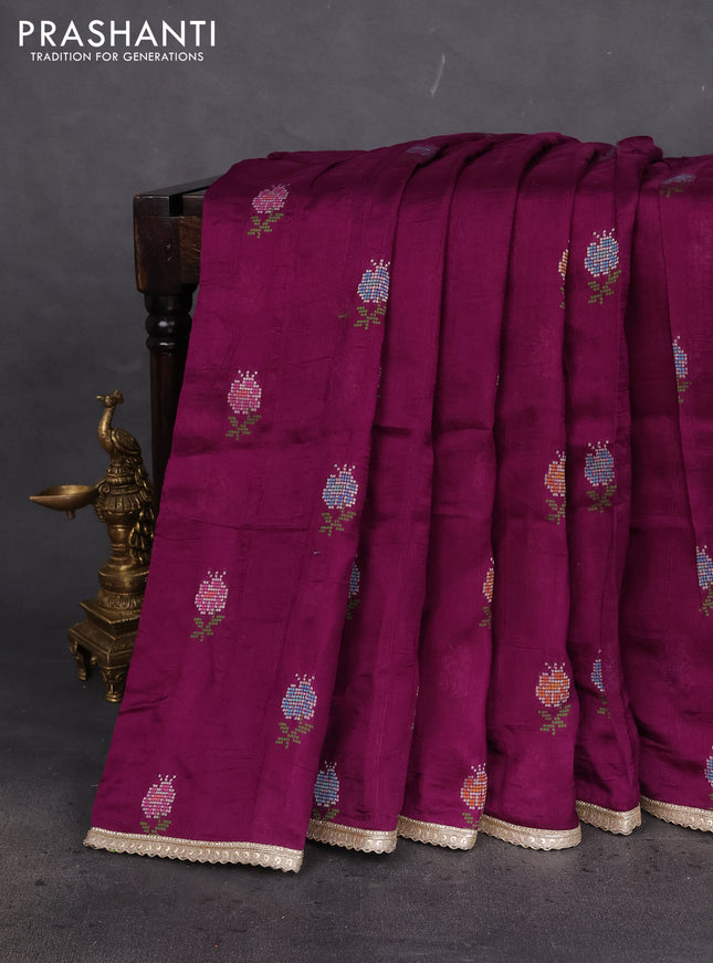 Banarasi silk saree purple with thread & zari woven floral buttas and gotapatti work pallu