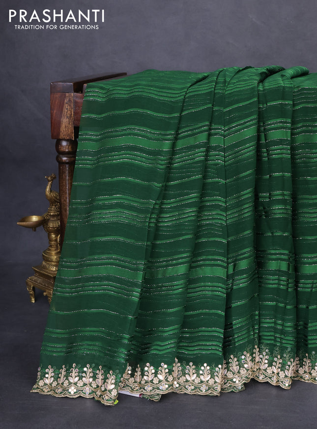 Chiffon saree green with silver zari stripe pattern and embroidery gotapatti work border