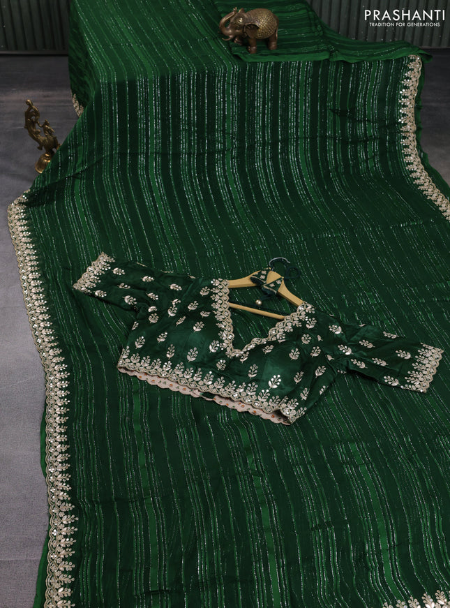 Chiffon saree green with silver zari stripe pattern and embroidery gotapatti work border