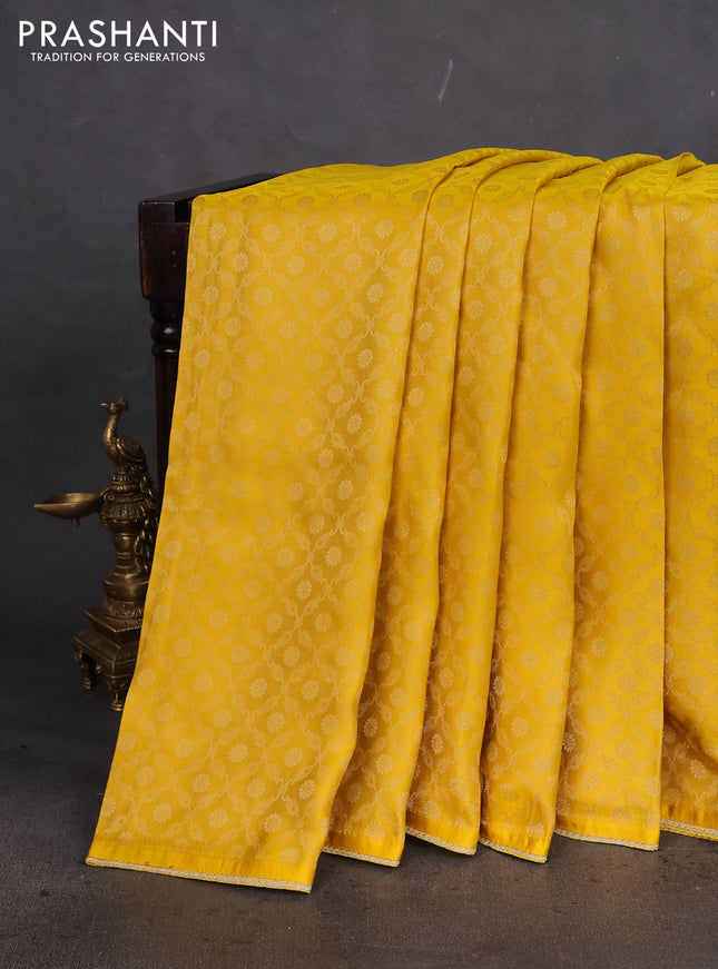 Banarasi silk saree yellow with allover zari woven brocade weaves and lace work border