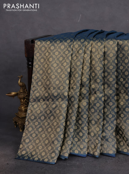 Banarasi silk saree peacock blue with allover zari woven brocade weaves and lace work border