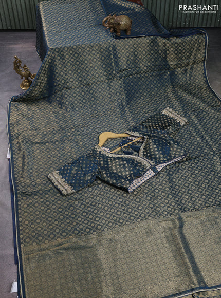 Banarasi silk saree peacock blue with allover zari woven brocade weaves and lace work border