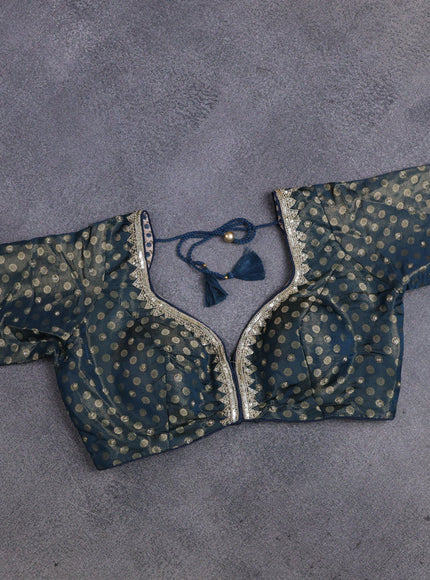 Banarasi silk saree peacock blue with allover zari woven brocade weaves and lace work border