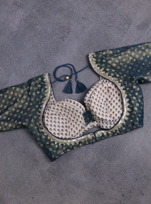 Banarasi silk saree peacock blue with allover zari woven brocade weaves and lace work border