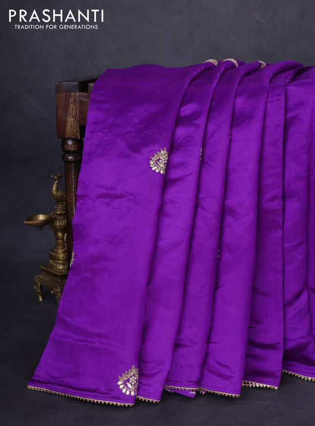 Munga tussar Silk saree violet with gotapatti work buttas and lace work border