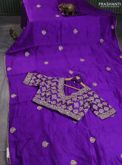 Munga tussar Silk saree violet with gotapatti work buttas and lace work border