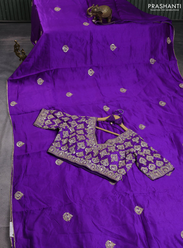 Munga tussar Silk saree violet with gotapatti work buttas and lace work border