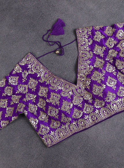 Munga tussar Silk saree violet with gotapatti work buttas and lace work border