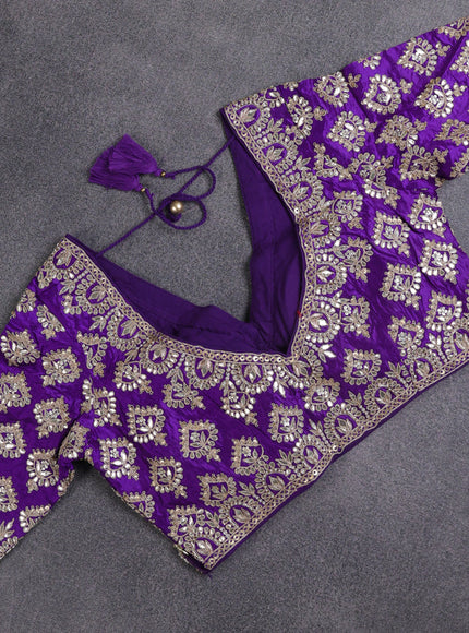 Munga tussar Silk saree violet with gotapatti work buttas and lace work border