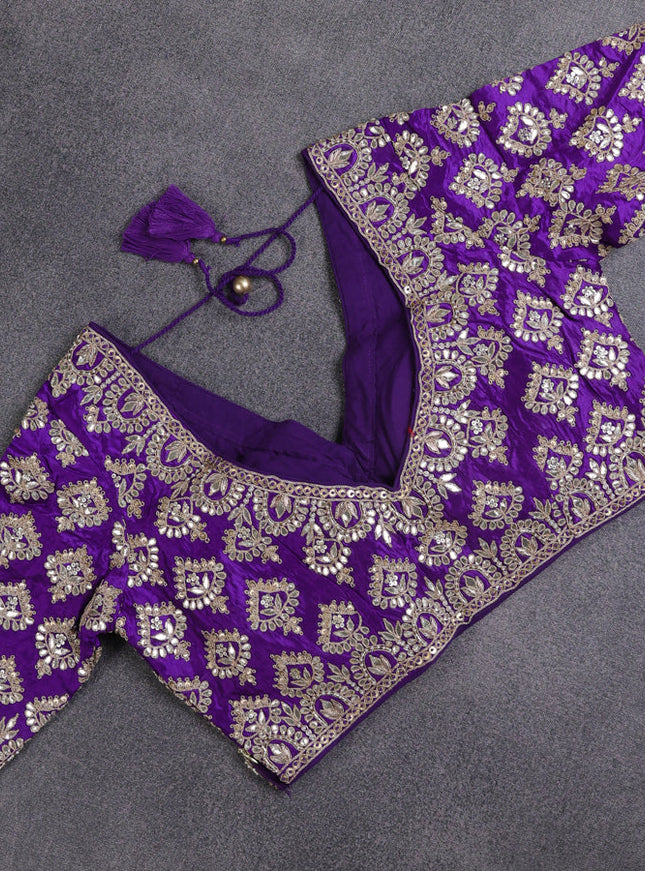 Munga tussar Silk saree violet with gotapatti work buttas and lace work border