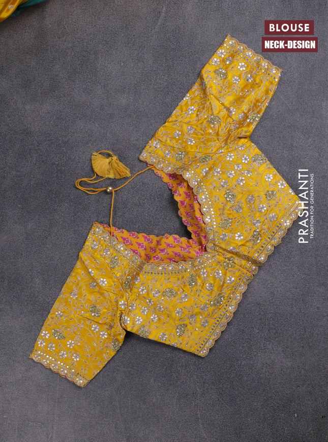 Organza saree yellow with allover zari stripe pattern and zari woven border