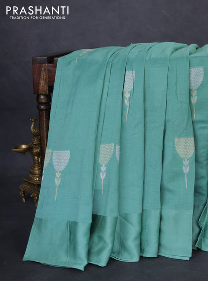 Munga tussar silk saree pastel green with silver & gold floral buttas and gotapatti work pallu
