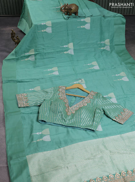 Munga tussar silk saree pastel green with silver & gold floral buttas and gotapatti work pallu