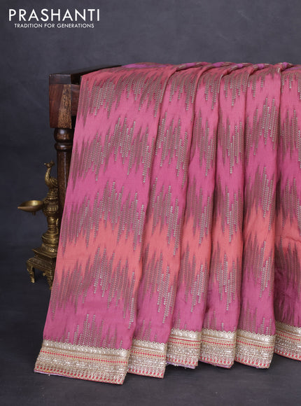 Munga tussar silk saree mauve pink with allover zari weaves & mirror work and lace work border