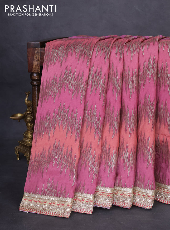 Munga tussar silk saree mauve pink with allover zari weaves & mirror work and lace work border