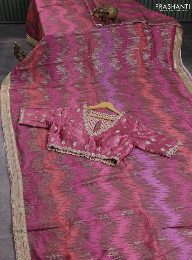 Munga tussar silk saree mauve pink with allover zari weaves & mirror work and lace work border