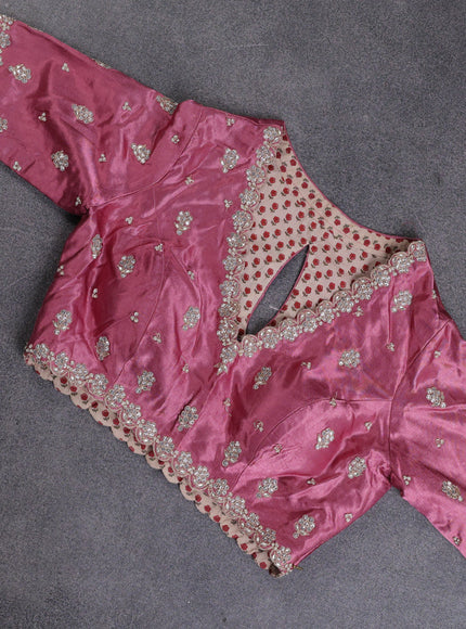 Munga tussar silk saree mauve pink with allover zari weaves & mirror work and lace work border