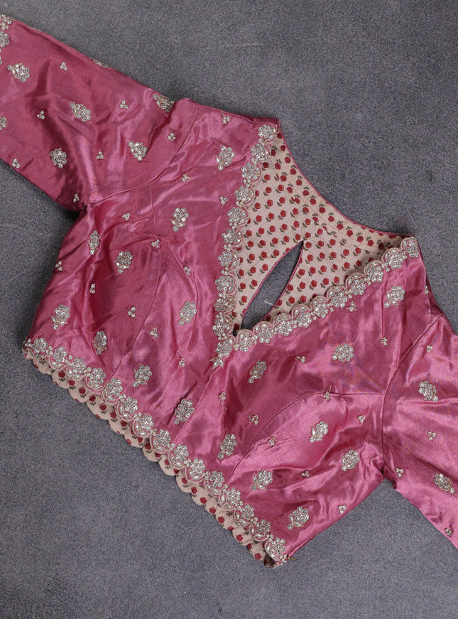 Munga tussar silk saree mauve pink with allover zari weaves & mirror work and lace work border