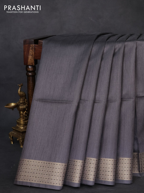 Semi dupion saree grey and beige with plain body and madhubani printed pallu