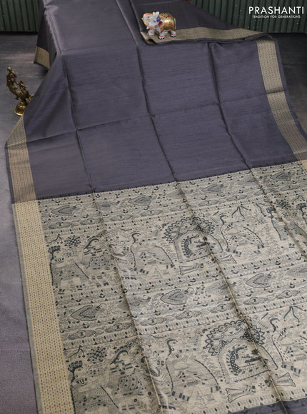 Semi dupion saree grey and beige with plain body and madhubani printed pallu