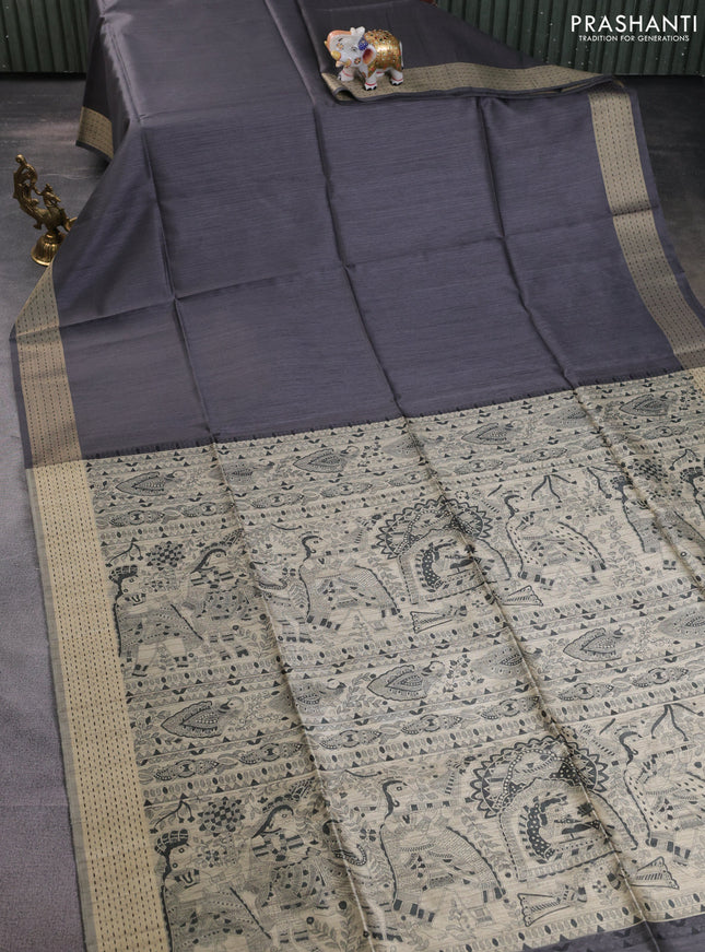 Semi dupion saree grey and beige with plain body and madhubani printed pallu