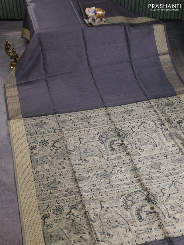 Semi dupion saree grey and beige with plain body and madhubani printed pallu