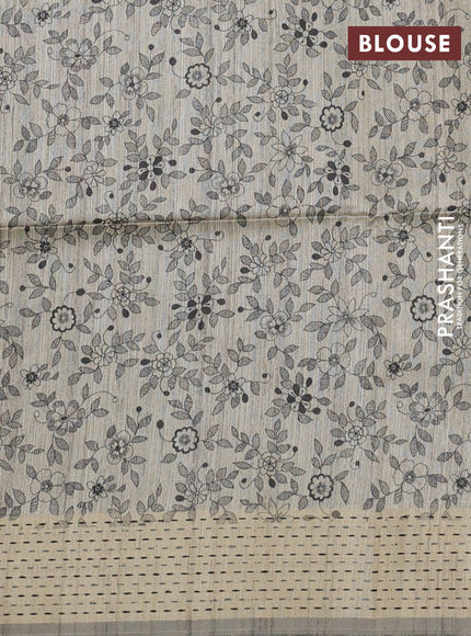 Semi dupion saree grey and beige with plain body and madhubani printed pallu
