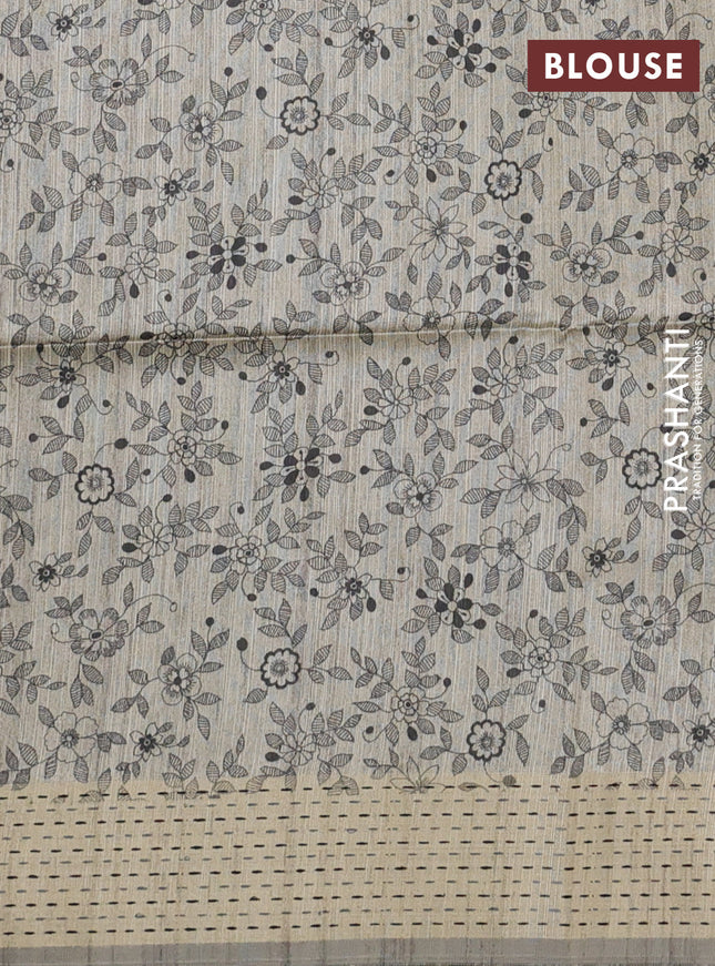 Semi dupion saree grey and beige with plain body and madhubani printed pallu