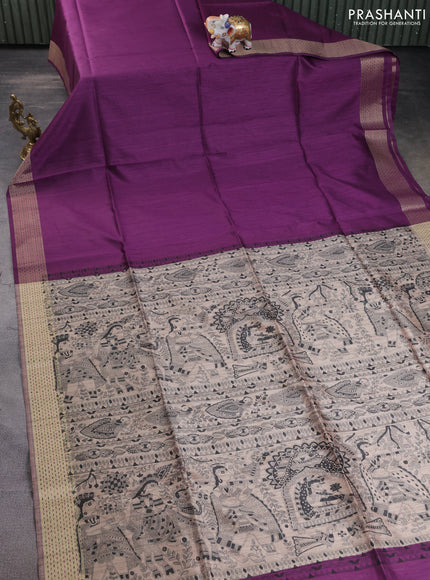 Semi dupion saree purple and beige with plain body and madhubani printed pallu