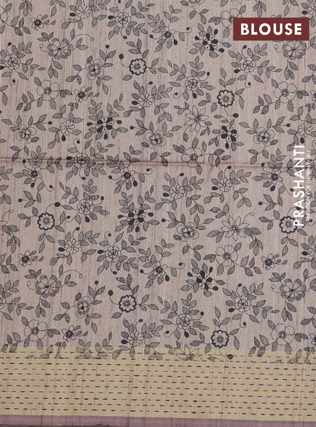 Semi dupion saree purple and beige with plain body and madhubani printed pallu