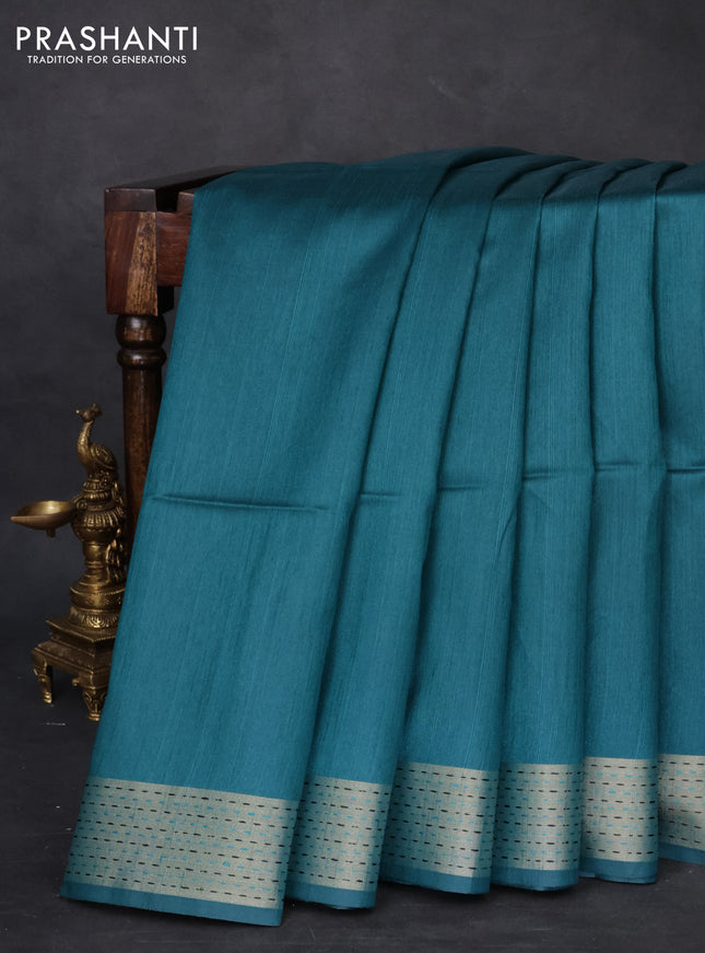 Semi dupion saree peacock green and beige with plain body and madhubani printed pallu