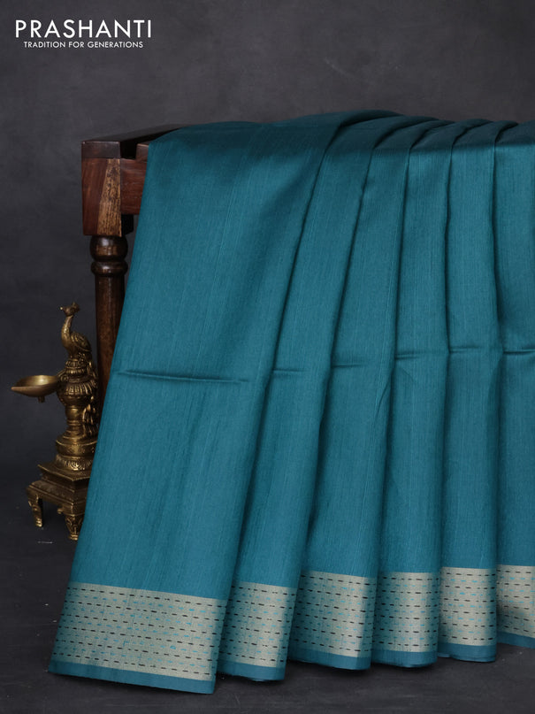Semi dupion saree peacock green and beige with plain body and madhubani printed pallu