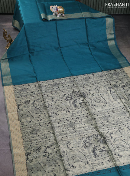 Semi dupion saree peacock green and beige with plain body and madhubani printed pallu