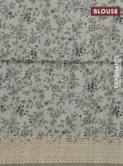 Semi dupion saree peacock green and beige with plain body and madhubani printed pallu