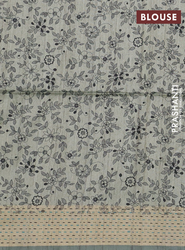 Semi dupion saree peacock green and beige with plain body and madhubani printed pallu