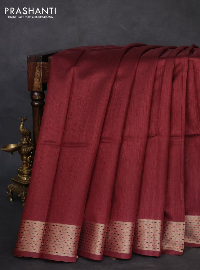 Semi dupion saree maroon and beige with plain body and madhubani printed pallu
