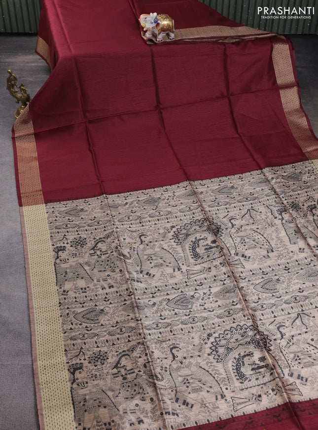 Semi dupion saree maroon and beige with plain body and madhubani printed pallu