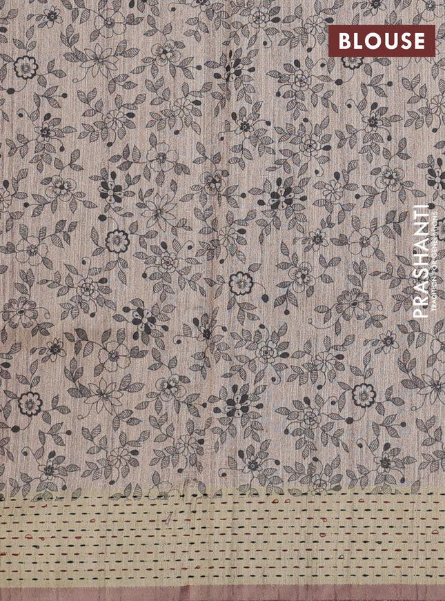 Semi dupion saree maroon and beige with plain body and madhubani printed pallu