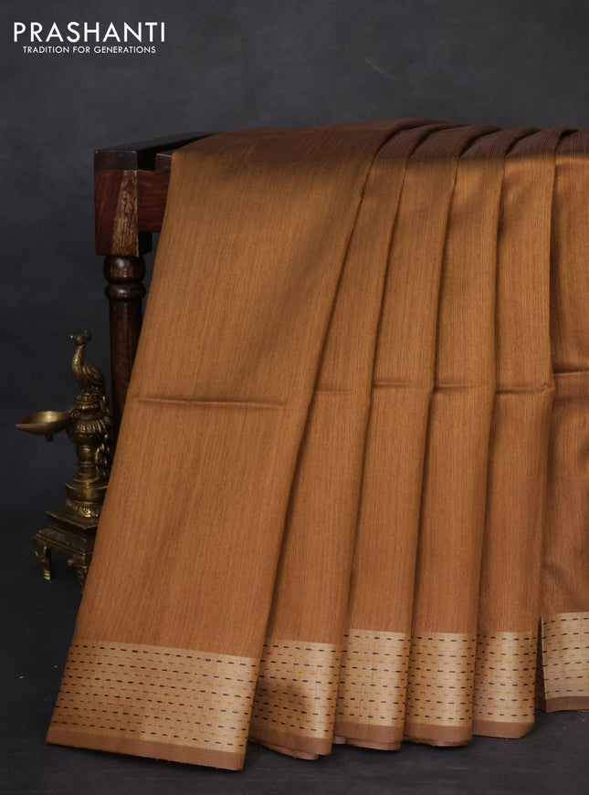 Semi dupion saree dark mustard and beige with plain body and madhubani printed pallu