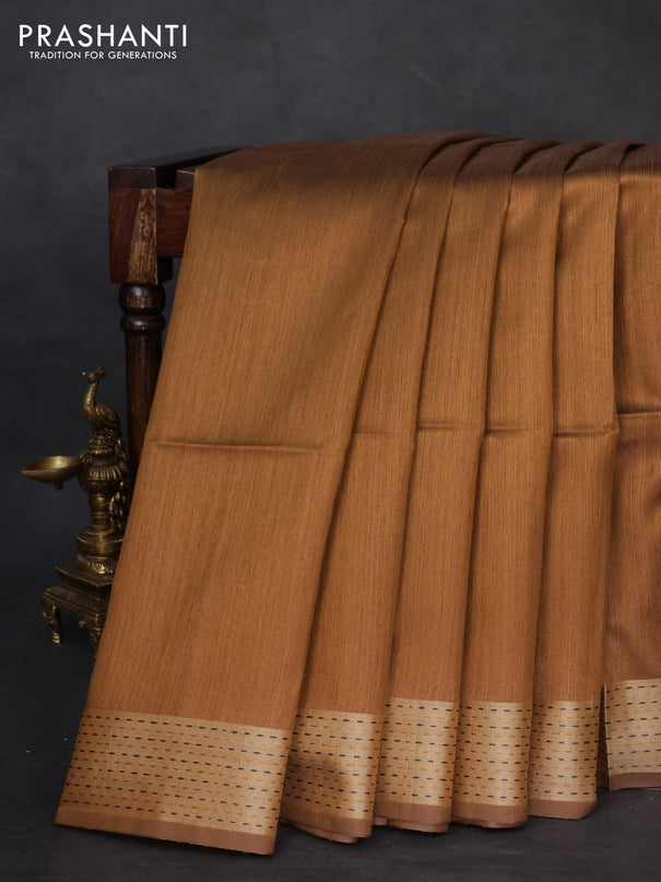 Semi dupion saree dark mustard and beige with plain body and madhubani printed pallu