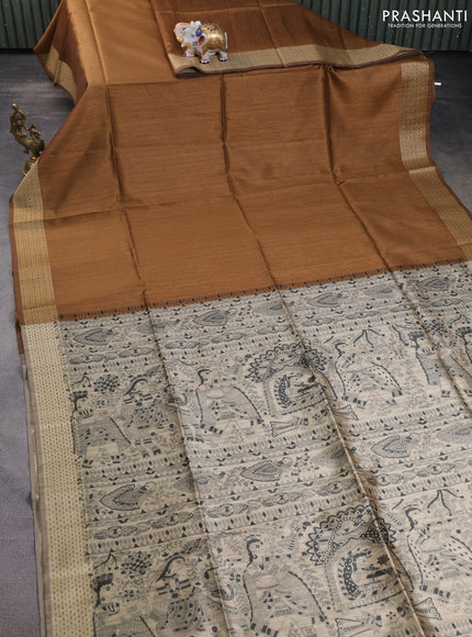 Semi dupion saree dark mustard and beige with plain body and madhubani printed pallu