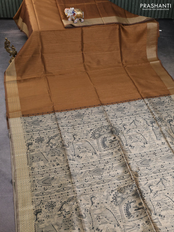 Semi dupion saree dark mustard and beige with plain body and madhubani printed pallu