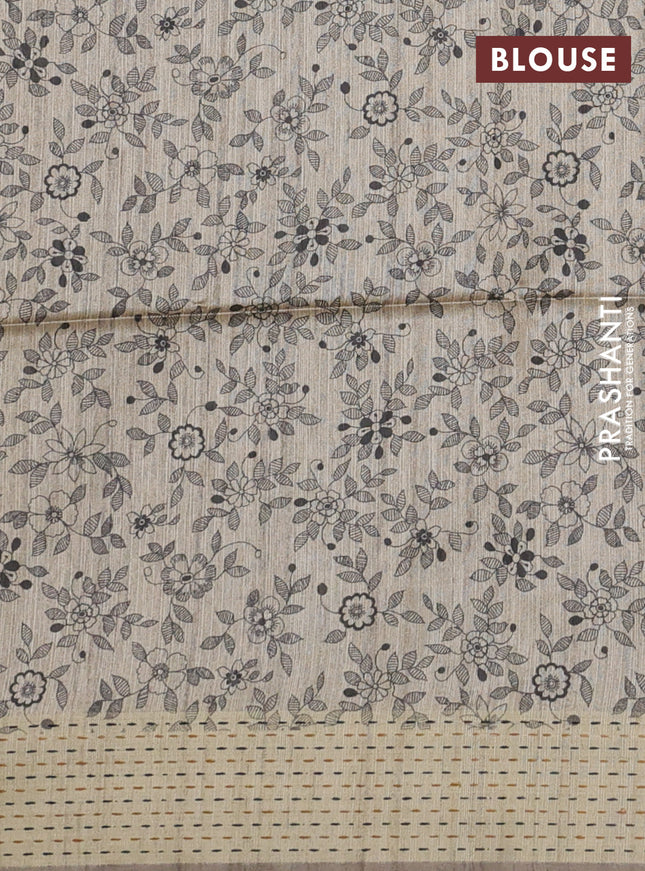 Semi dupion saree dark mustard and beige with plain body and madhubani printed pallu