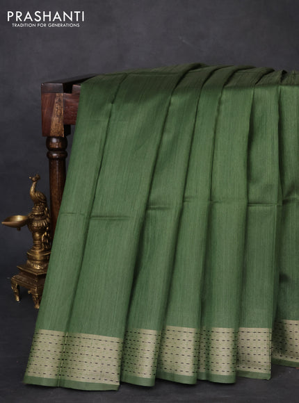 Semi dupion saree sap green and beige with plain body and madhubani printed pallu