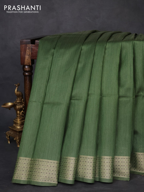 Semi dupion saree sap green and beige with plain body and madhubani printed pallu