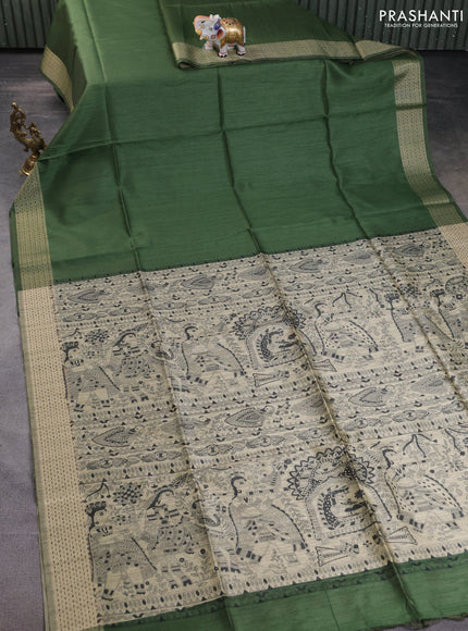 Semi dupion saree sap green and beige with plain body and madhubani printed pallu
