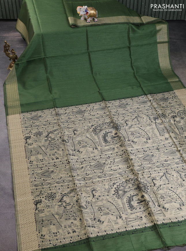 Semi dupion saree sap green and beige with plain body and madhubani printed pallu