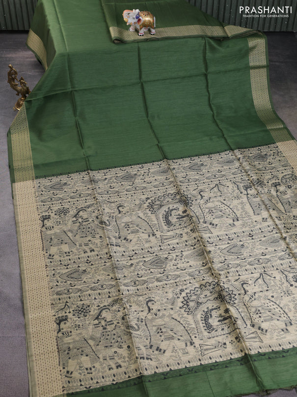 Semi dupion saree sap green and beige with plain body and madhubani printed pallu