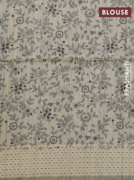 Semi dupion saree sap green and beige with plain body and madhubani printed pallu